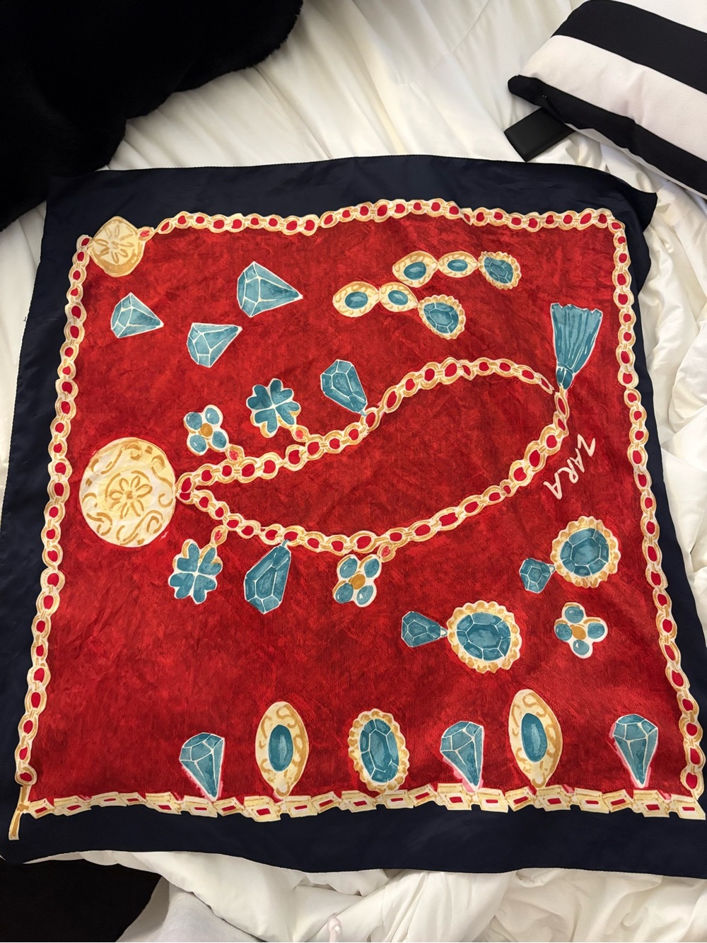 Zara Red and Teal Jewel-Print Silk Scarf
